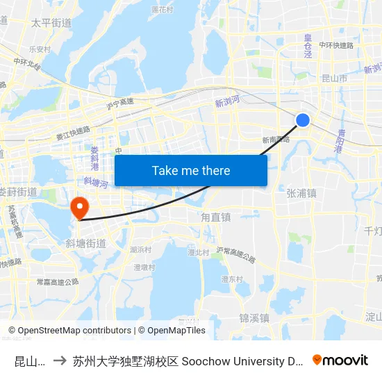 昆山南站 to 苏州大学独墅湖校区 Soochow University Dushu Lake Campus map