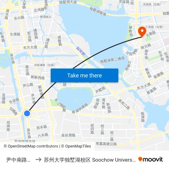 尹中南路吴东路南 to 苏州大学独墅湖校区 Soochow University Dushu Lake Campus map