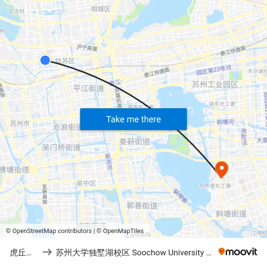虎丘开发区 to 苏州大学独墅湖校区 Soochow University Dushu Lake Campus map