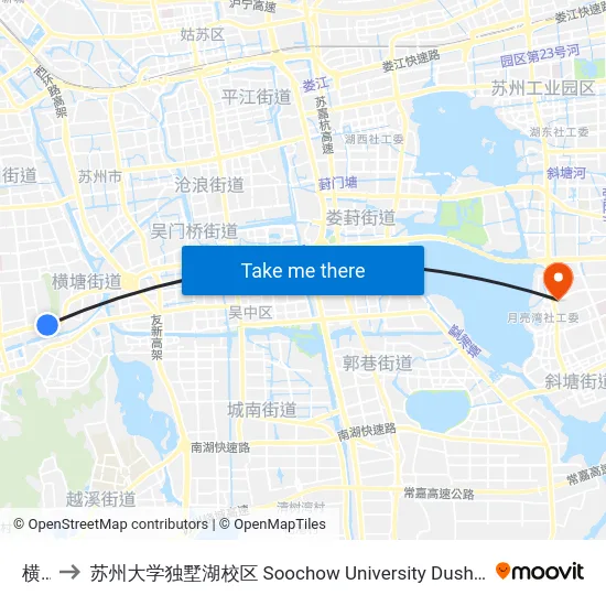 横山 to 苏州大学独墅湖校区 Soochow University Dushu Lake Campus map