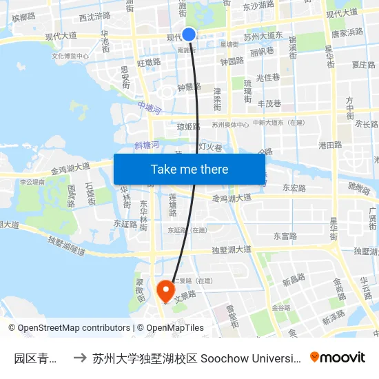 园区青少年中心 to 苏州大学独墅湖校区 Soochow University Dushu Lake Campus map