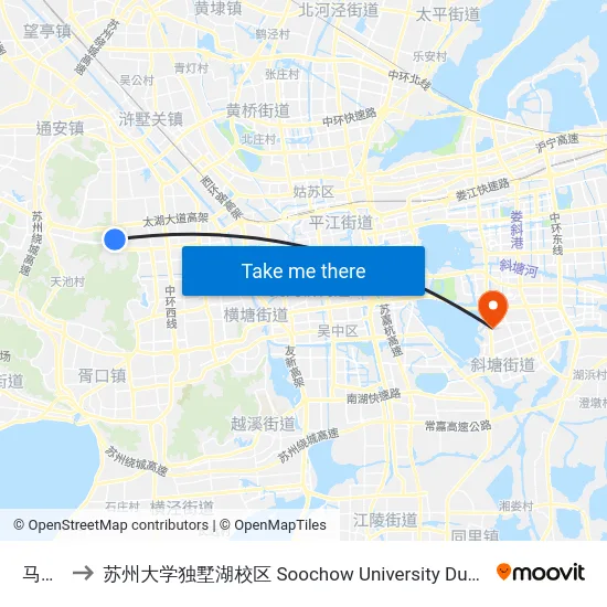 马涧路 to 苏州大学独墅湖校区 Soochow University Dushu Lake Campus map