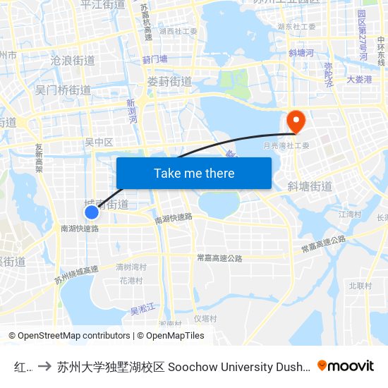 红庄 to 苏州大学独墅湖校区 Soochow University Dushu Lake Campus map