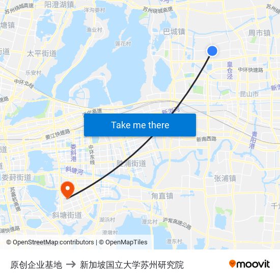 原创企业基地 to 新加坡国立大学苏州研究院 map