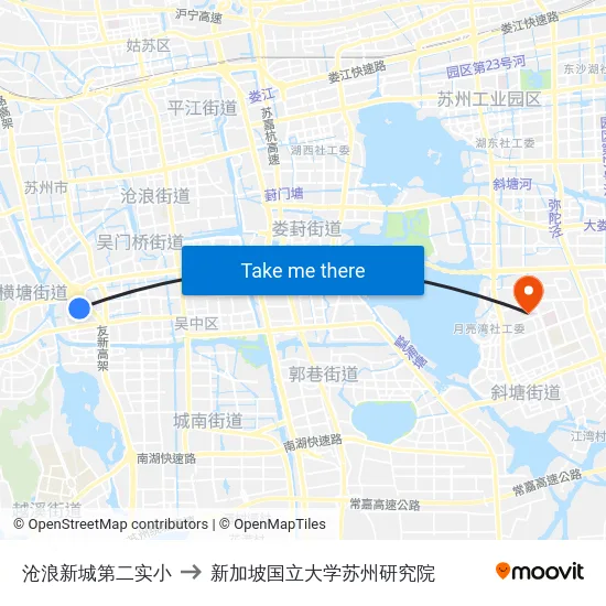 沧浪新城第二实小 to 新加坡国立大学苏州研究院 map