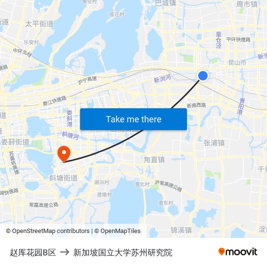 赵厍花园B区 to 新加坡国立大学苏州研究院 map