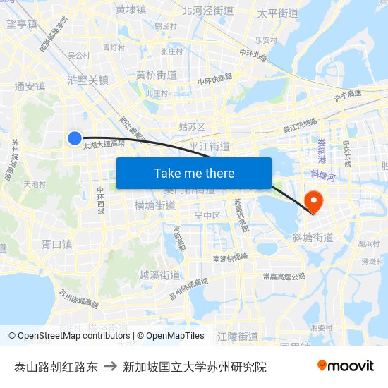 泰山路朝红路东 to 新加坡国立大学苏州研究院 map