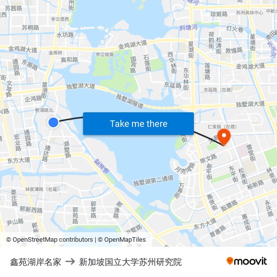 鑫苑湖岸名家 to 新加坡国立大学苏州研究院 map