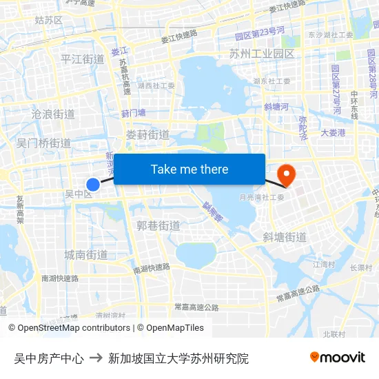 吴中房产中心 to 新加坡国立大学苏州研究院 map