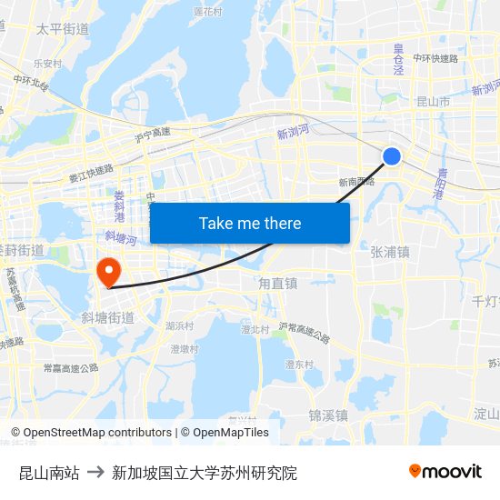 昆山南站 to 新加坡国立大学苏州研究院 map
