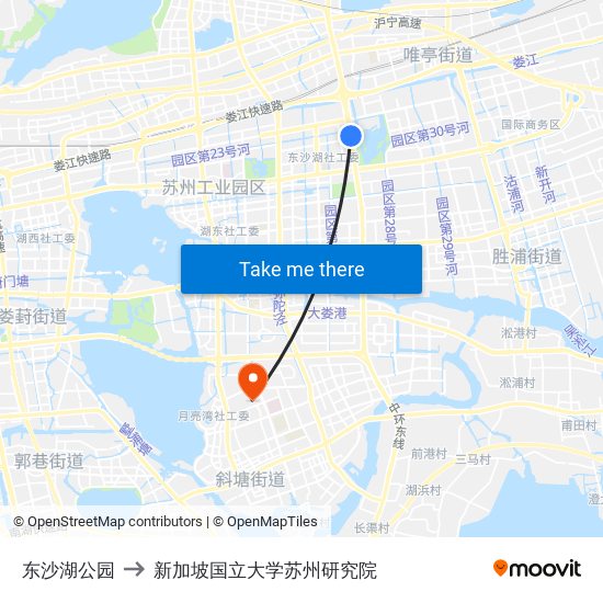 东沙湖公园 to 新加坡国立大学苏州研究院 map