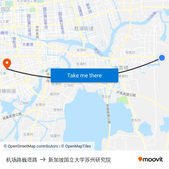 机场路巍塔路 to 新加坡国立大学苏州研究院 map