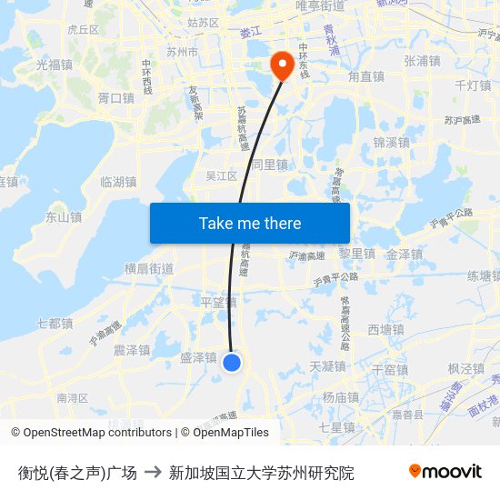 衡悦(春之声)广场 to 新加坡国立大学苏州研究院 map
