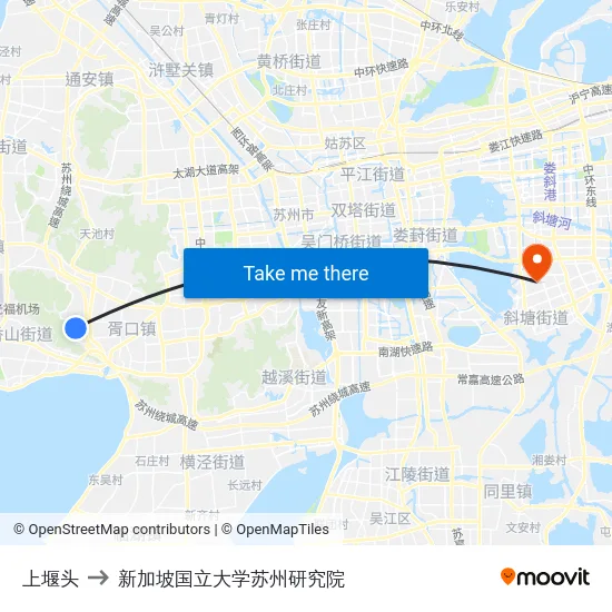 上堰头 to 新加坡国立大学苏州研究院 map