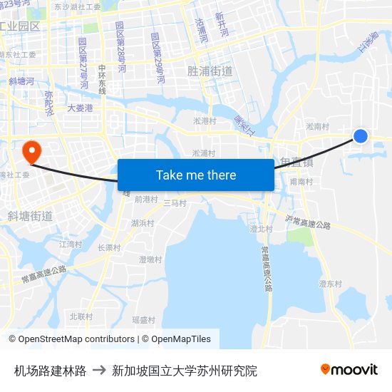 机场路建林路 to 新加坡国立大学苏州研究院 map