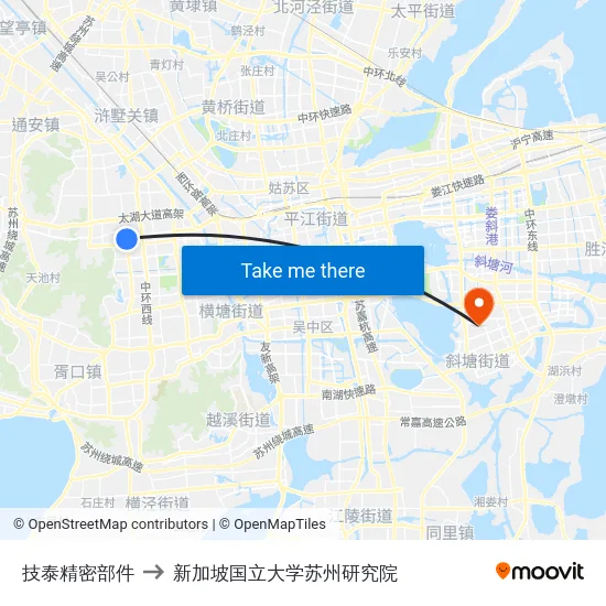 技泰精密部件 to 新加坡国立大学苏州研究院 map