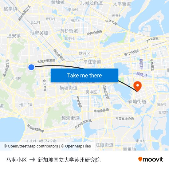 马涧小区 to 新加坡国立大学苏州研究院 map