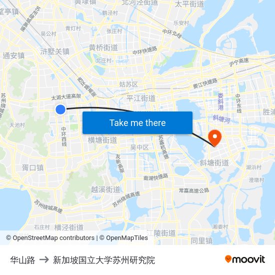 华山路 to 新加坡国立大学苏州研究院 map