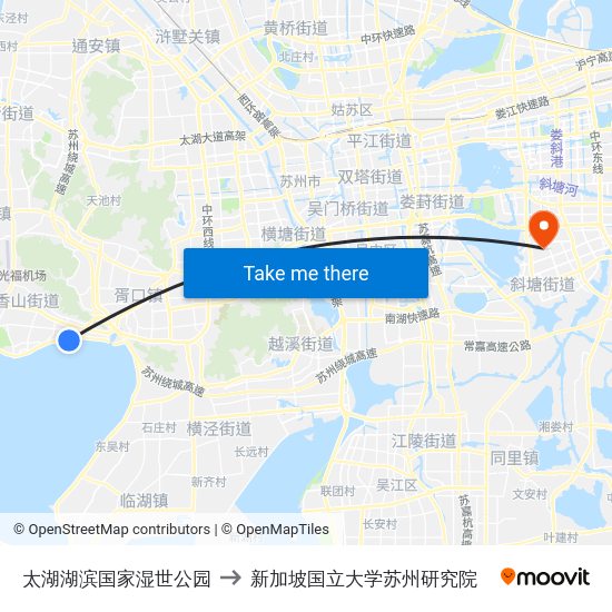 太湖湖滨国家湿世公园 to 新加坡国立大学苏州研究院 map