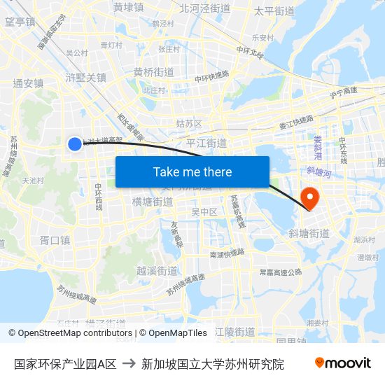 国家环保产业园A区 to 新加坡国立大学苏州研究院 map