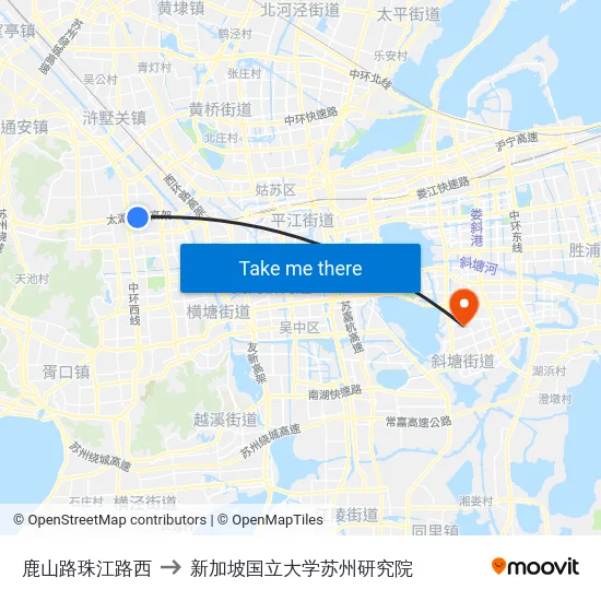 鹿山路珠江路西 to 新加坡国立大学苏州研究院 map