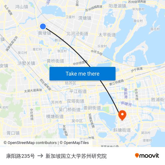 康阳路235号 to 新加坡国立大学苏州研究院 map