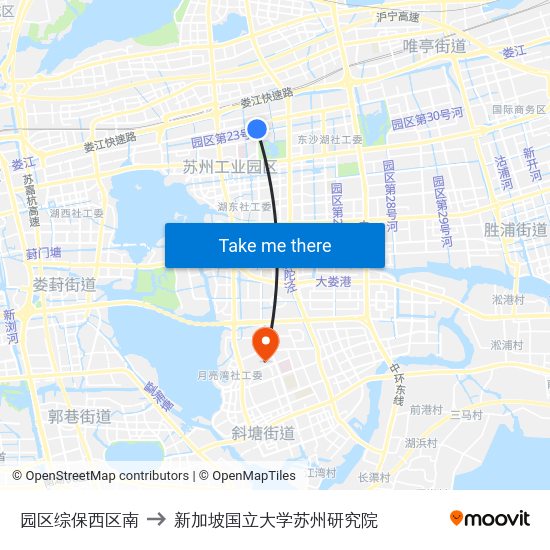 园区综保西区南 to 新加坡国立大学苏州研究院 map