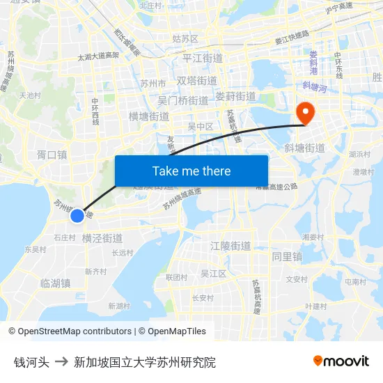 钱河头 to 新加坡国立大学苏州研究院 map