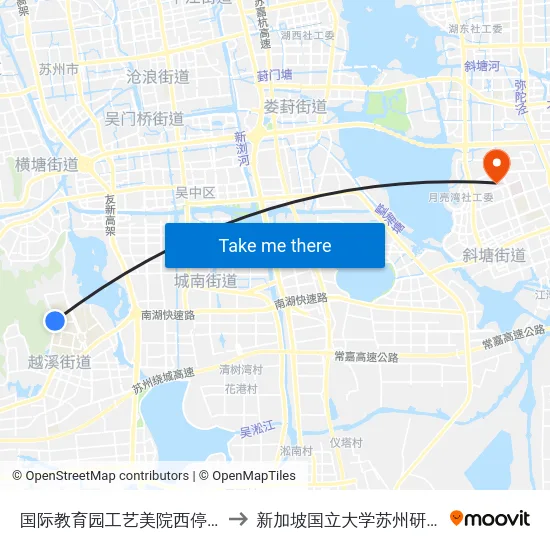 国际教育园工艺美院西停车场 to 新加坡国立大学苏州研究院 map