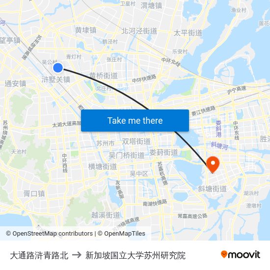 大通路浒青路北 to 新加坡国立大学苏州研究院 map