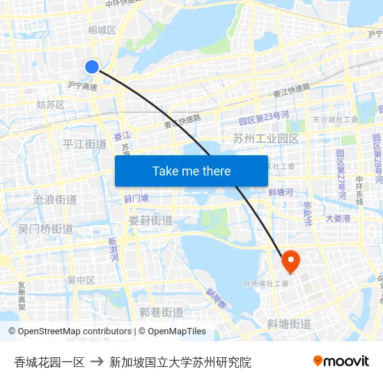 香城花园一区 to 新加坡国立大学苏州研究院 map