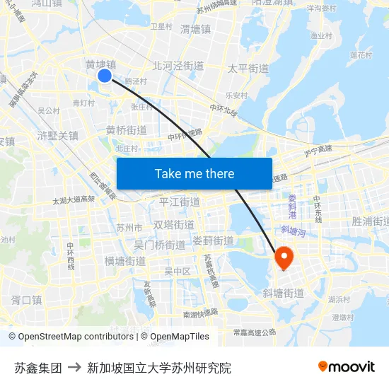 苏鑫集团 to 新加坡国立大学苏州研究院 map