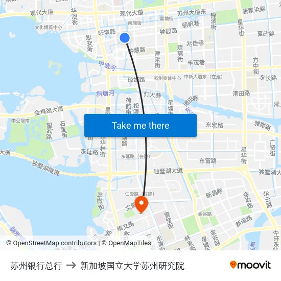 苏州银行总行 to 新加坡国立大学苏州研究院 map