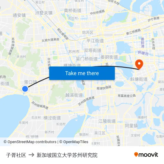 子胥社区 to 新加坡国立大学苏州研究院 map