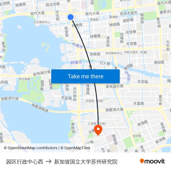 园区行政中心西 to 新加坡国立大学苏州研究院 map