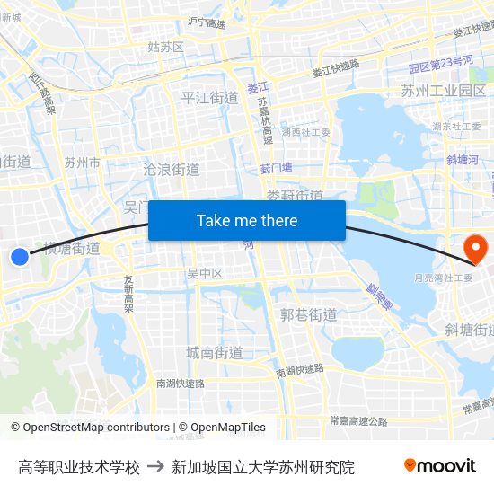 高等职业技术学校 to 新加坡国立大学苏州研究院 map