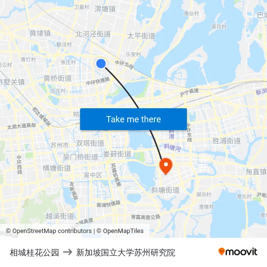 相城桂花公园 to 新加坡国立大学苏州研究院 map