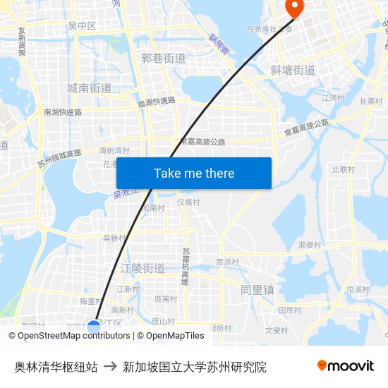 奥林清华枢纽站 to 新加坡国立大学苏州研究院 map
