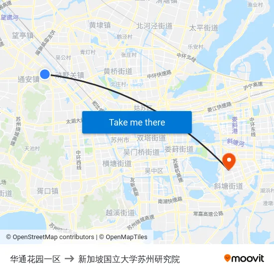 华通花园一区 to 新加坡国立大学苏州研究院 map