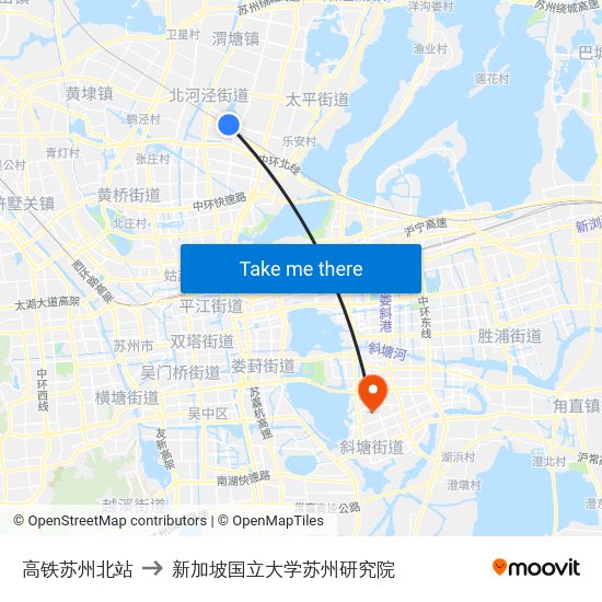 高铁苏州北站 to 新加坡国立大学苏州研究院 map