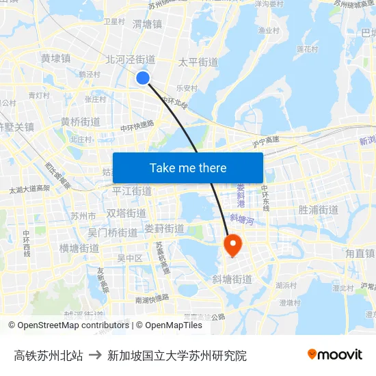 高铁苏州北站 to 新加坡国立大学苏州研究院 map