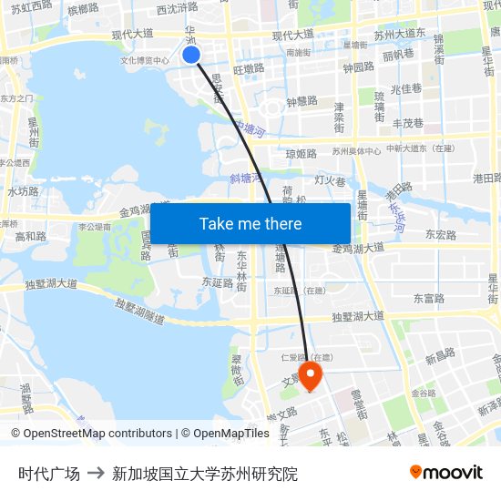 时代广场 to 新加坡国立大学苏州研究院 map