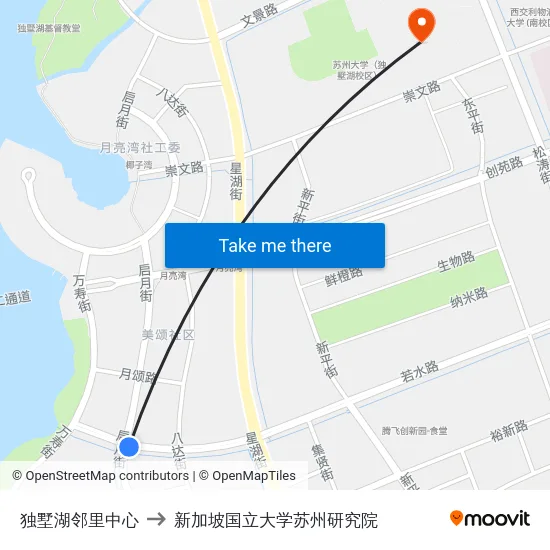 独墅湖邻里中心 to 新加坡国立大学苏州研究院 map