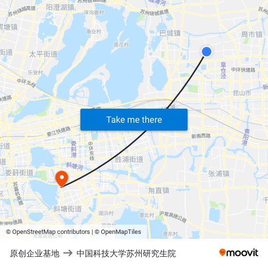 原创企业基地 to 中国科技大学苏州研究生院 map