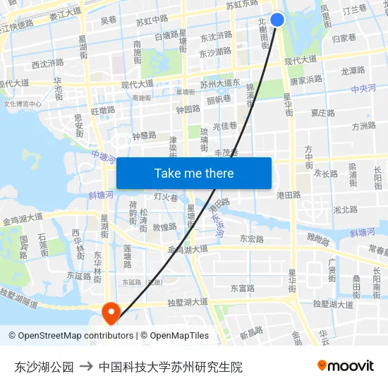 东沙湖公园 to 中国科技大学苏州研究生院 map