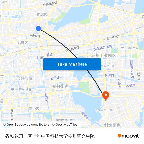 香城花园一区 to 中国科技大学苏州研究生院 map