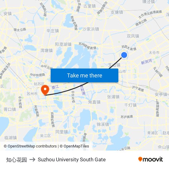 知心花园 to Suzhou University South Gate map