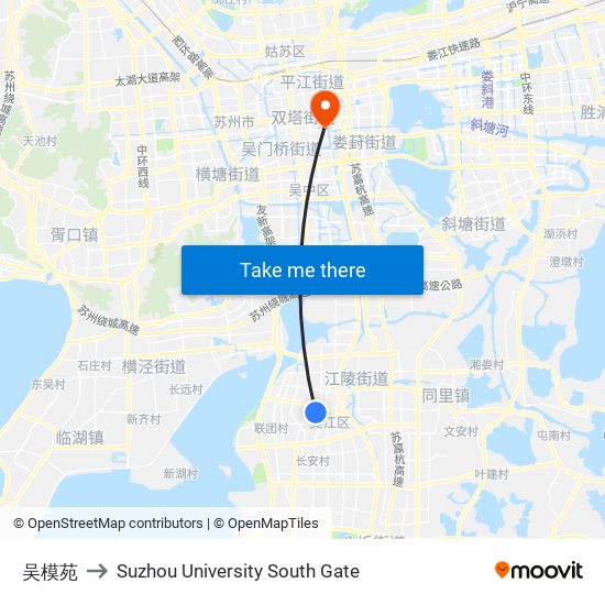 吴模苑 to Suzhou University South Gate map