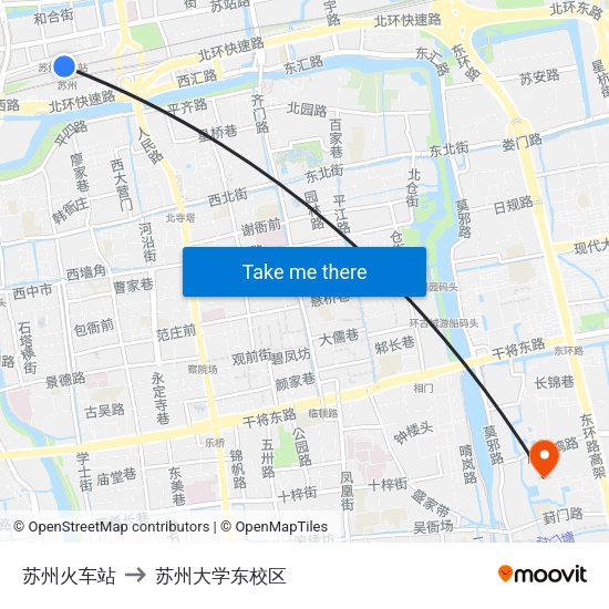 苏州火车站 to 苏州大学东校区 map