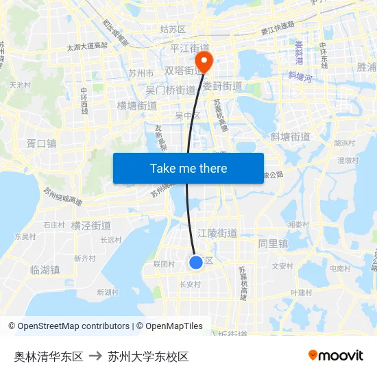 奥林清华东区 to 苏州大学东校区 map
